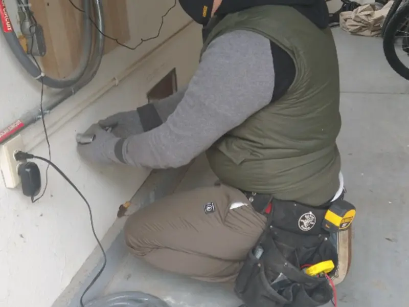 Electrician performing outlet wiring in a Stevens Point garage